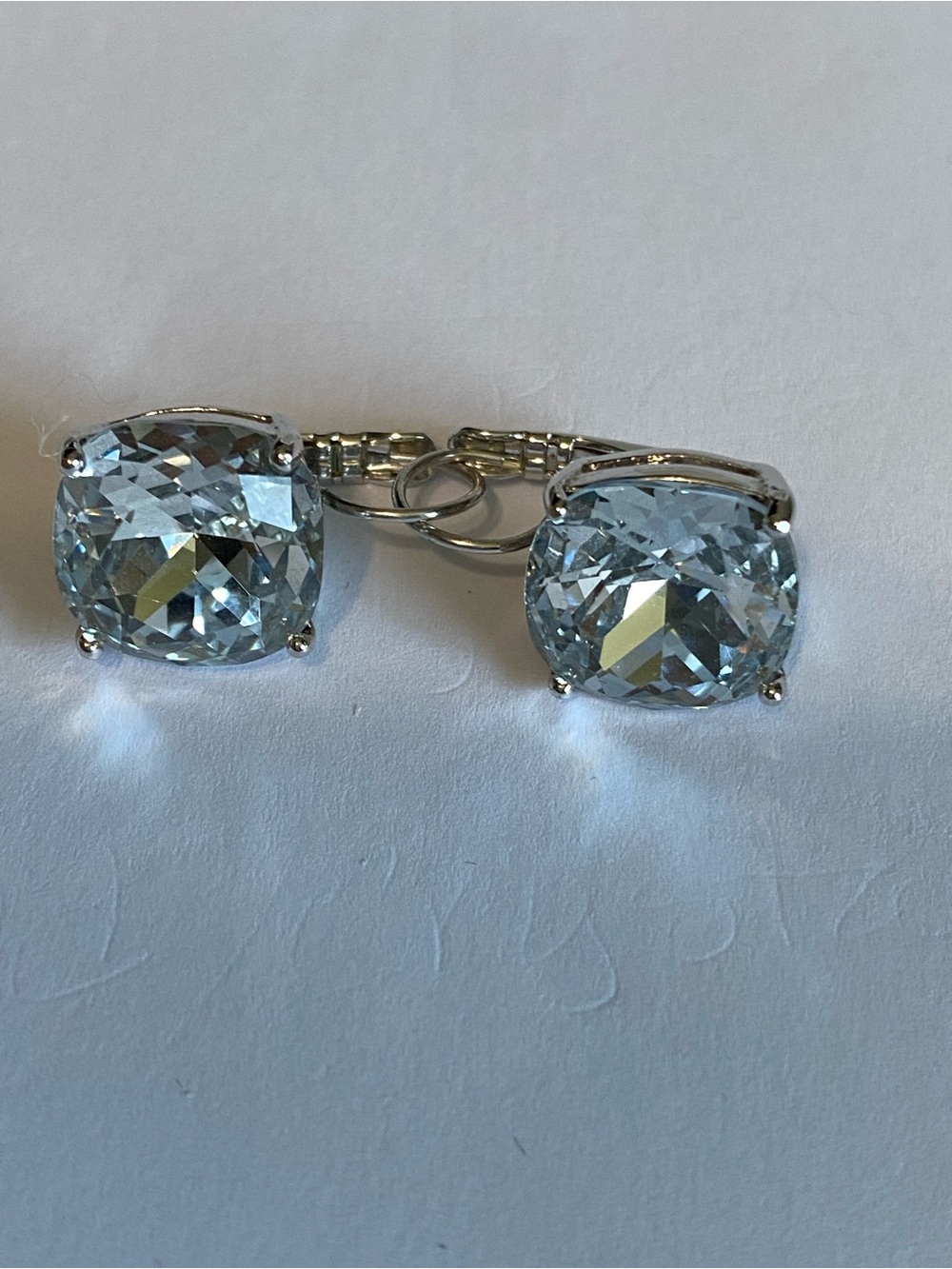 Silver-Tone Light Blue Cushion Crystal Drop Earrings
